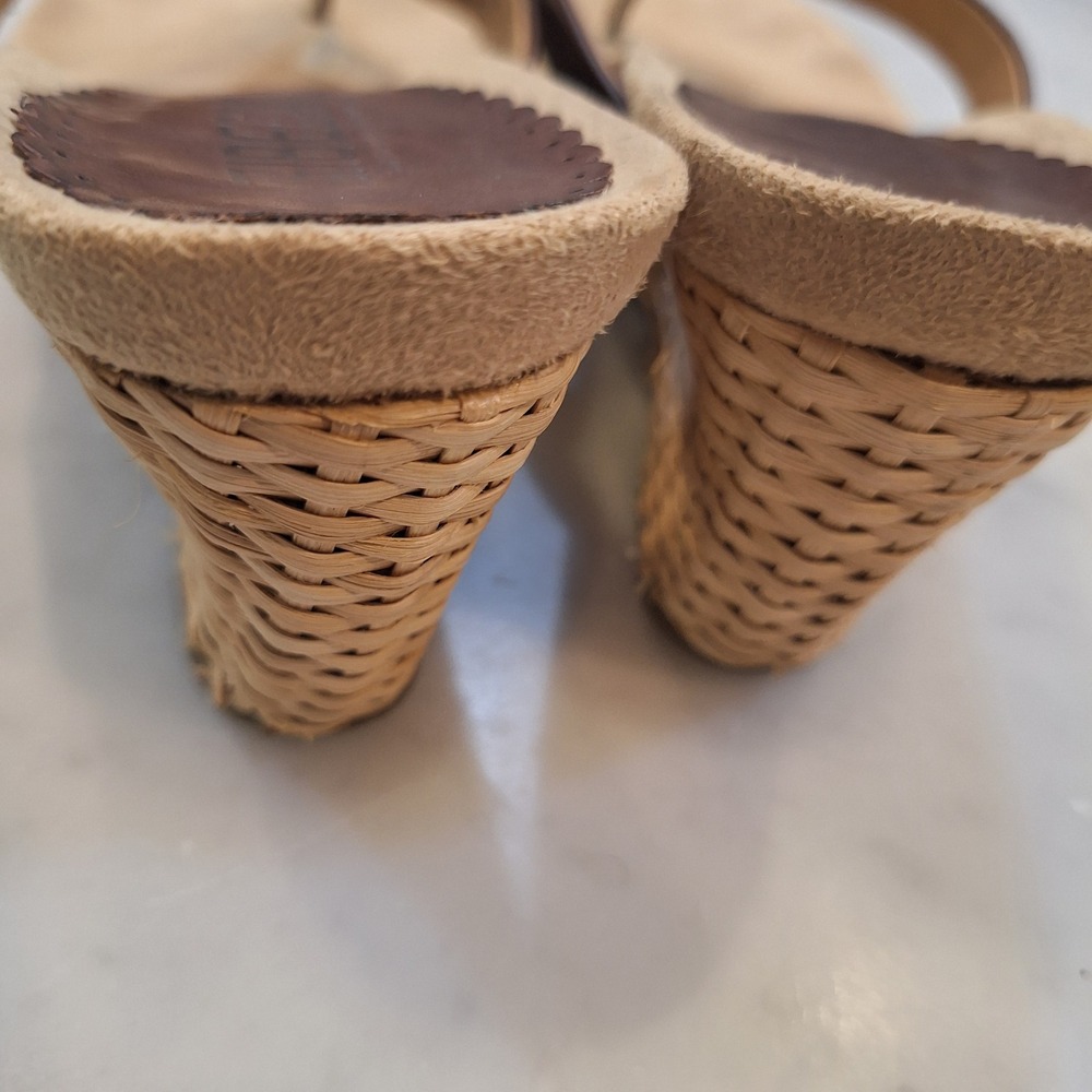 Tribeca Wedge Sandals Women 9.5 Brown Leather Woven Straw Central Park Slides - Picture 5 of 10